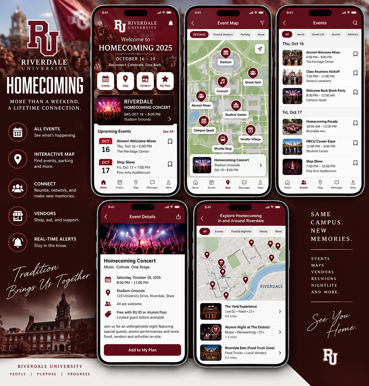 Riverdale University Homecoming concept showing a Home screen, maps, events, and event details in iPhone 17 frames