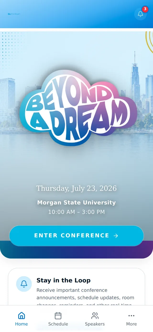 Beyond A Dream attendee Home screen showing the event, schedule, speakers and navigation