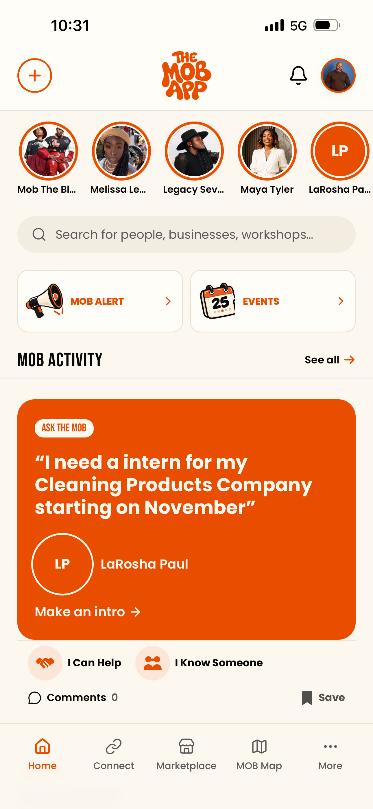 THE MOB APP updated Home screen showing member highlights, search, alerts, events and MOB Activity